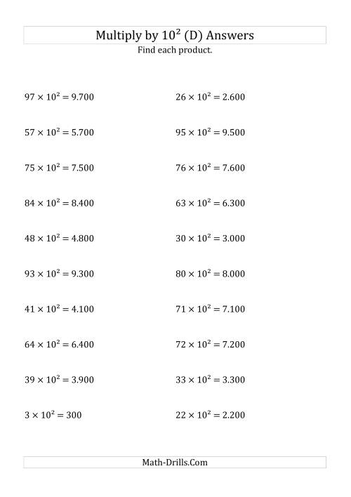 The Multiplying Whole Numbers by 10<sup>2</sup> (D) Math Worksheet Page 2