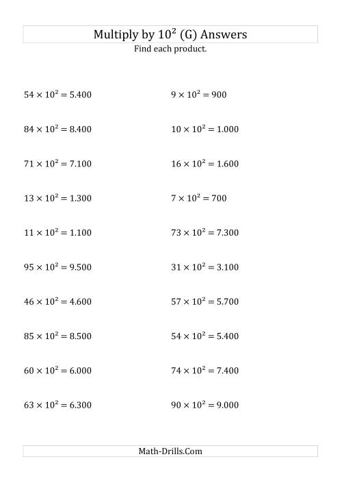 The Multiplying Whole Numbers by 10<sup>2</sup> (G) Math Worksheet Page 2