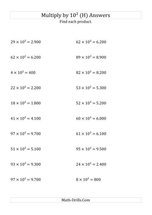 The Multiplying Whole Numbers by 10<sup>2</sup> (H) Math Worksheet Page 2