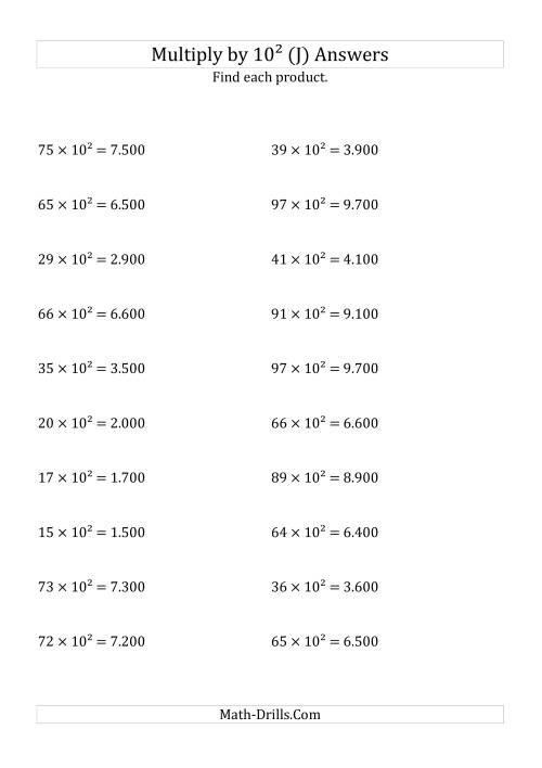 The Multiplying Whole Numbers by 10<sup>2</sup> (J) Math Worksheet Page 2
