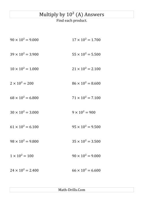 The Multiplying Whole Numbers by 10<sup>2</sup> (All) Math Worksheet Page 2
