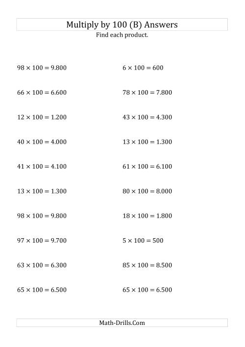 The Multiplying Whole Numbers by 100 (B) Math Worksheet Page 2