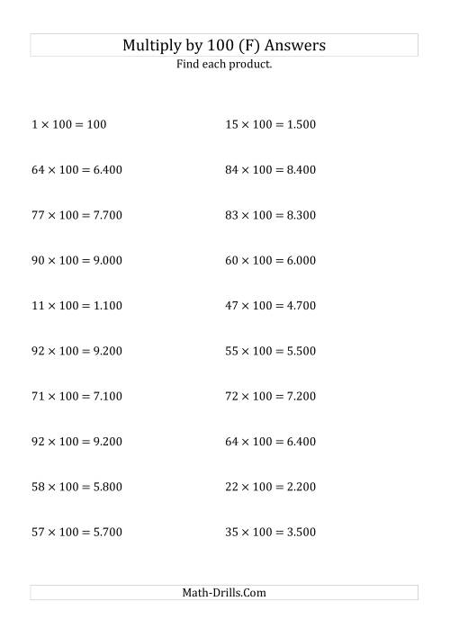 The Multiplying Whole Numbers by 100 (F) Math Worksheet Page 2