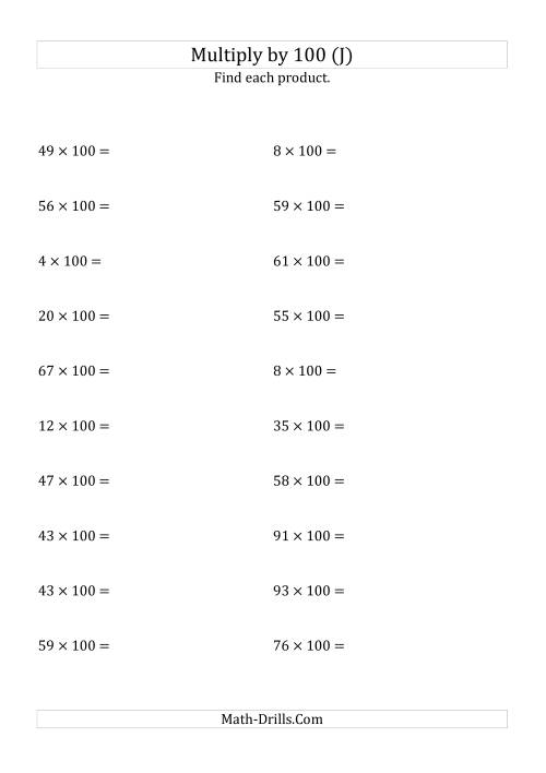 The Multiplying Whole Numbers by 100 (J) Math Worksheet