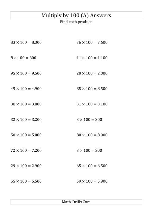 The Multiplying Whole Numbers by 100 (All) Math Worksheet Page 2