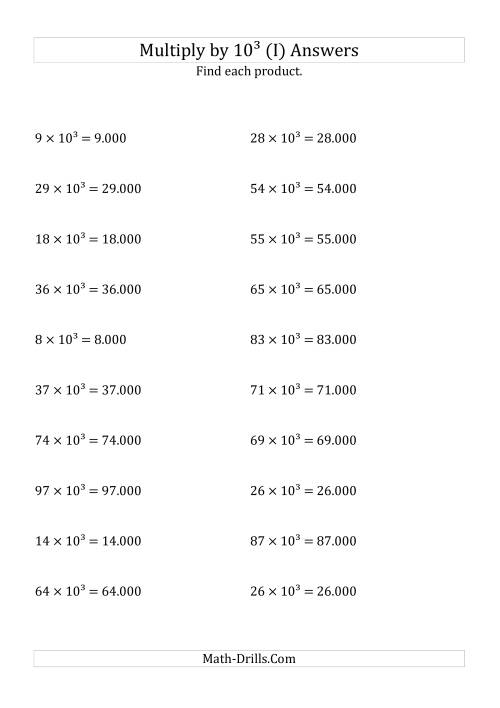 The Multiplying Whole Numbers by 10<sup>3</sup> (I) Math Worksheet Page 2