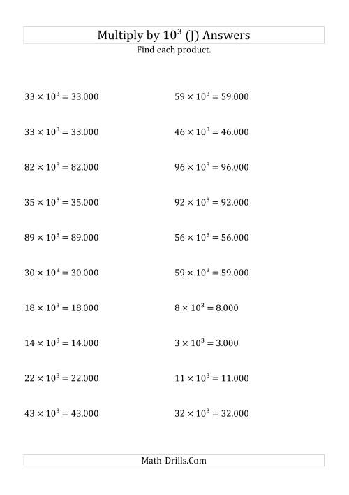 The Multiplying Whole Numbers by 10<sup>3</sup> (J) Math Worksheet Page 2