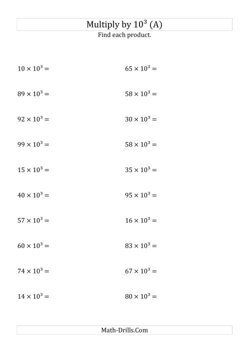 The Multiplying Whole Numbers by 10<sup>3</sup> (All) Math Worksheet