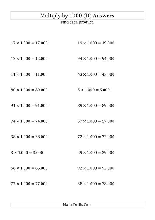 The Multiplying Whole Numbers by 1.000 (D) Math Worksheet Page 2