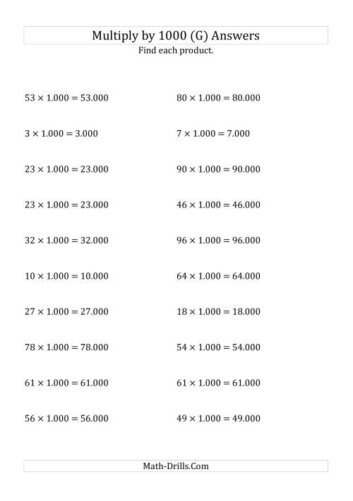 The Multiplying Whole Numbers by 1.000 (G) Math Worksheet Page 2