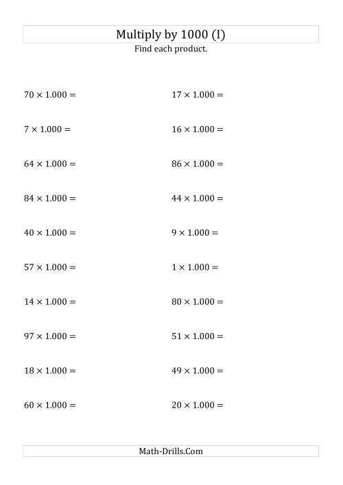 The Multiplying Whole Numbers by 1.000 (I) Math Worksheet