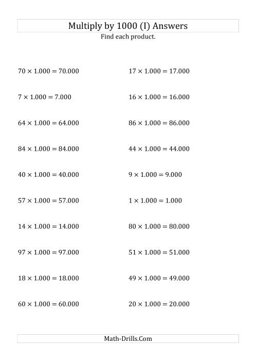The Multiplying Whole Numbers by 1.000 (I) Math Worksheet Page 2