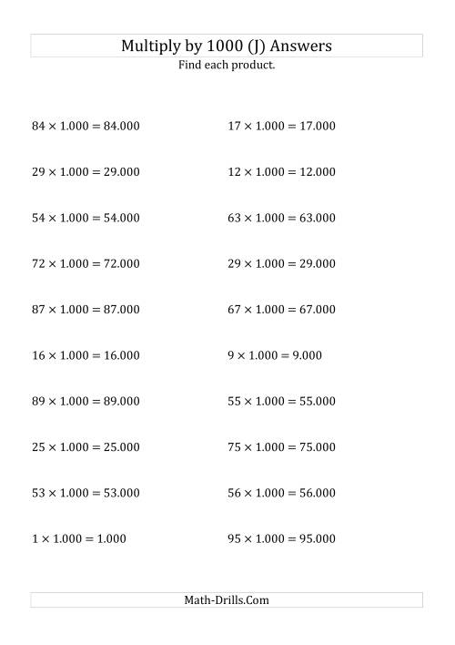 The Multiplying Whole Numbers by 1.000 (J) Math Worksheet Page 2