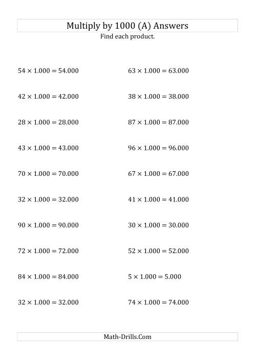 The Multiplying Whole Numbers by 1.000 (All) Math Worksheet Page 2