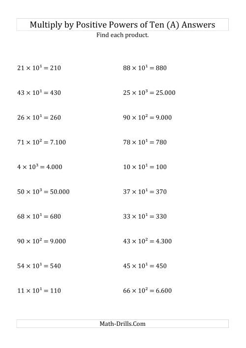 The Multiplying Whole Numbers by Positive Powers of Ten (Exponent Form) (A) Math Worksheet Page 2
