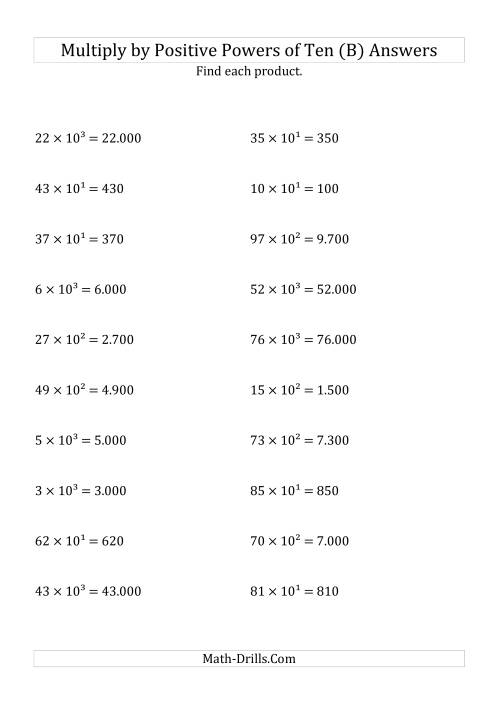 The Multiplying Whole Numbers by Positive Powers of Ten (Exponent Form) (B) Math Worksheet Page 2