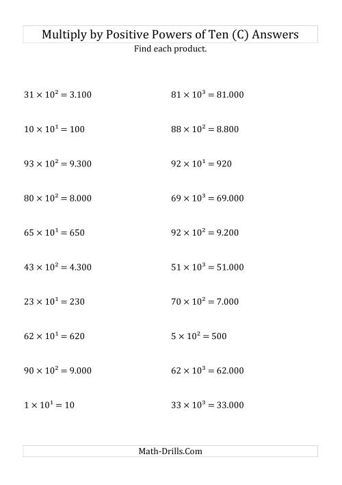The Multiplying Whole Numbers by Positive Powers of Ten (Exponent Form) (C) Math Worksheet Page 2
