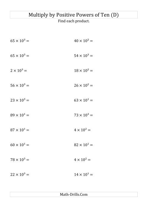 The Multiplying Whole Numbers by Positive Powers of Ten (Exponent Form) (D) Math Worksheet