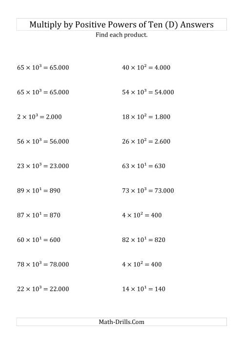 The Multiplying Whole Numbers by Positive Powers of Ten (Exponent Form) (D) Math Worksheet Page 2