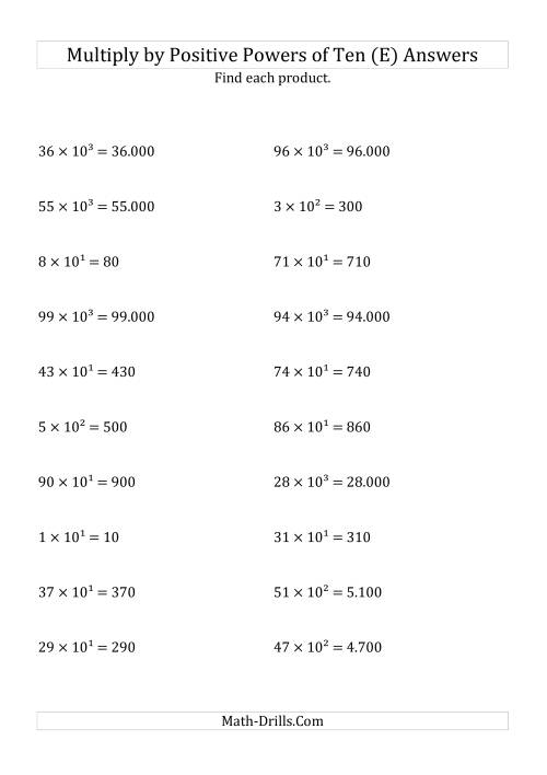 The Multiplying Whole Numbers by Positive Powers of Ten (Exponent Form) (E) Math Worksheet Page 2