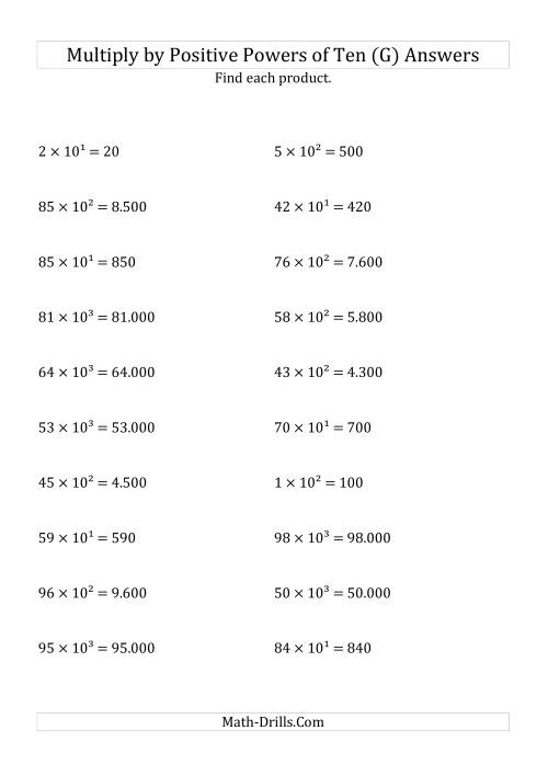 The Multiplying Whole Numbers by Positive Powers of Ten (Exponent Form) (G) Math Worksheet Page 2