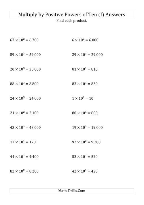 The Multiplying Whole Numbers by Positive Powers of Ten (Exponent Form) (I) Math Worksheet Page 2
