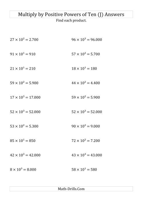 The Multiplying Whole Numbers by Positive Powers of Ten (Exponent Form) (J) Math Worksheet Page 2