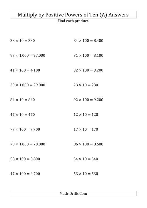 The Multiplying Whole Numbers by Positive Powers of Ten (Standard Form) (A) Math Worksheet Page 2