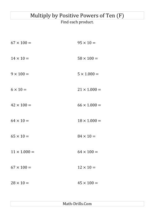 The Multiplying Whole Numbers by Positive Powers of Ten (Standard Form) (F) Math Worksheet