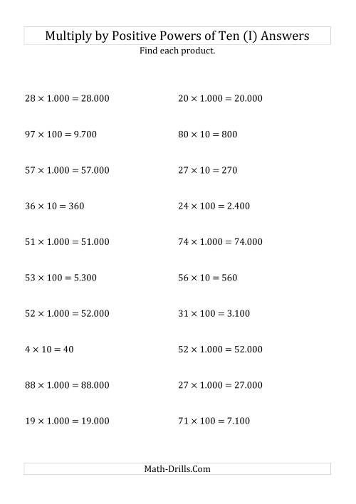 The Multiplying Whole Numbers by Positive Powers of Ten (Standard Form) (I) Math Worksheet Page 2