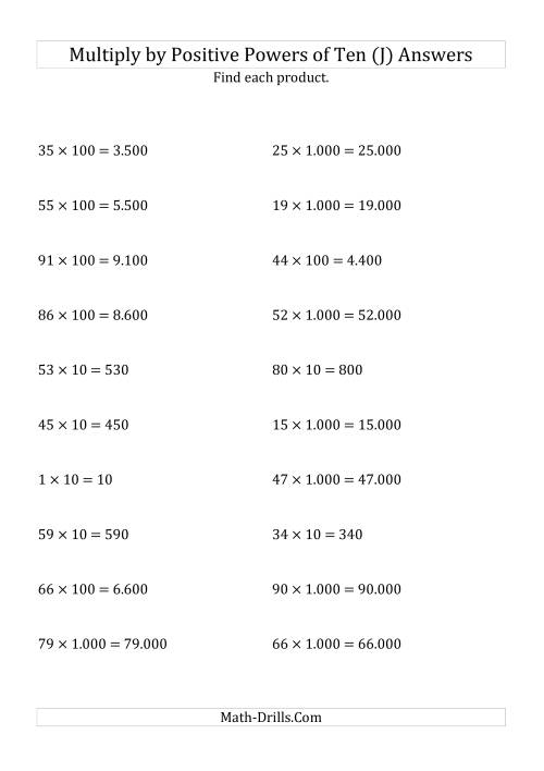 The Multiplying Whole Numbers by Positive Powers of Ten (Standard Form) (J) Math Worksheet Page 2