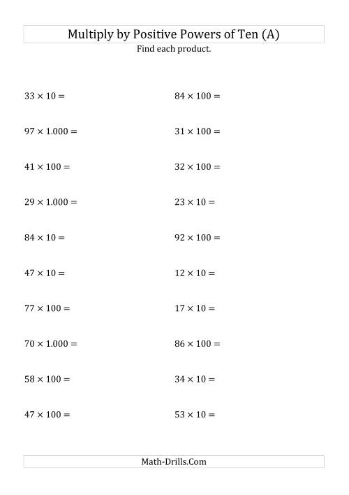 The Multiplying Whole Numbers by Positive Powers of Ten (Standard Form) (All) Math Worksheet