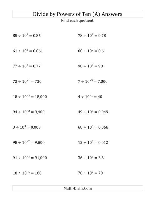The Dividing Whole Numbers by All Powers of Ten (Exponent Form) (A) Math Worksheet Page 2