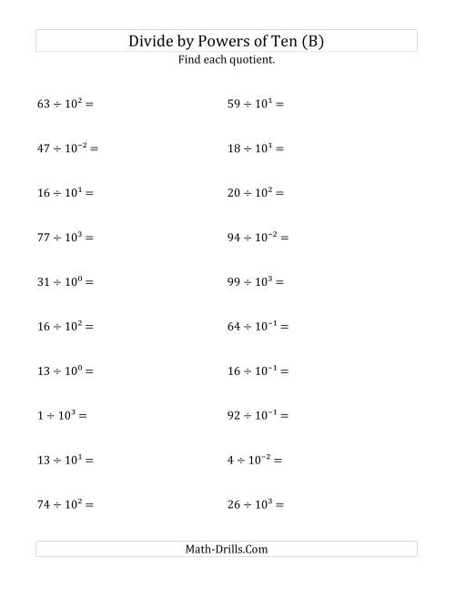 The Dividing Whole Numbers by All Powers of Ten (Exponent Form) (B) Math Worksheet