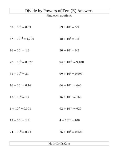 The Dividing Whole Numbers by All Powers of Ten (Exponent Form) (B) Math Worksheet Page 2