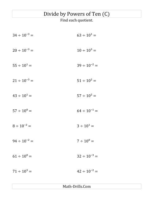 The Dividing Whole Numbers by All Powers of Ten (Exponent Form) (C) Math Worksheet