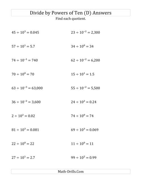 The Dividing Whole Numbers by All Powers of Ten (Exponent Form) (D) Math Worksheet Page 2