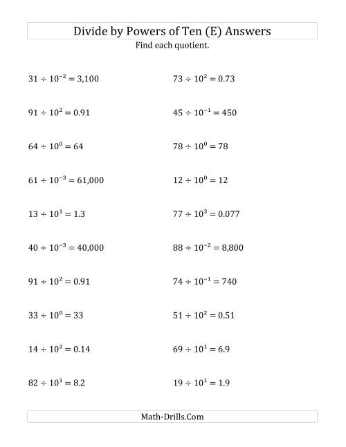 The Dividing Whole Numbers by All Powers of Ten (Exponent Form) (E) Math Worksheet Page 2
