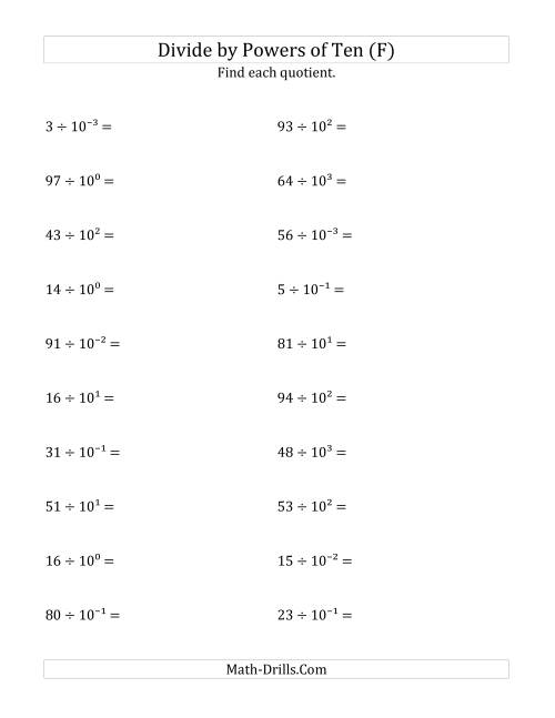 The Dividing Whole Numbers by All Powers of Ten (Exponent Form) (F) Math Worksheet