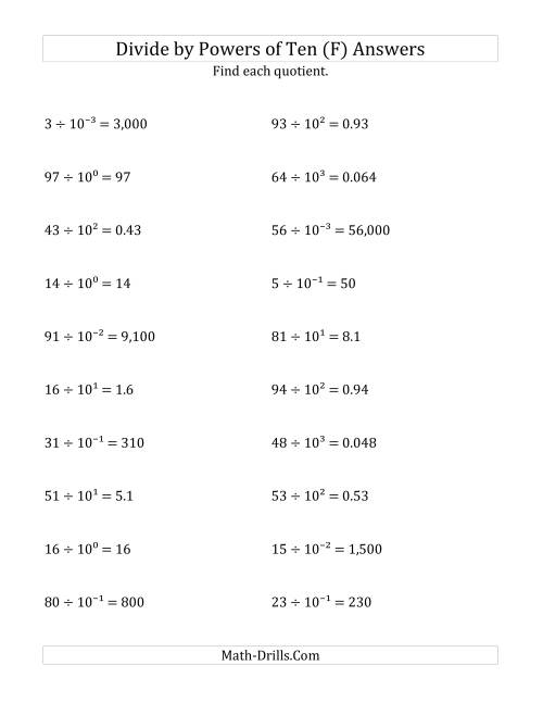 The Dividing Whole Numbers by All Powers of Ten (Exponent Form) (F) Math Worksheet Page 2