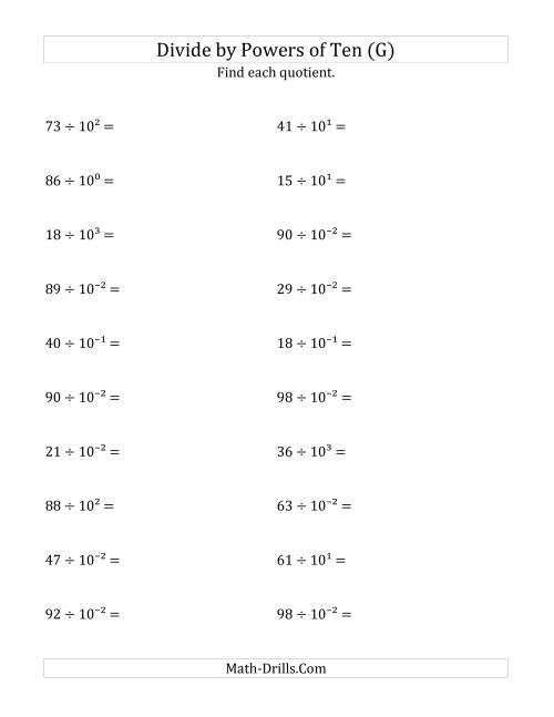The Dividing Whole Numbers by All Powers of Ten (Exponent Form) (G) Math Worksheet