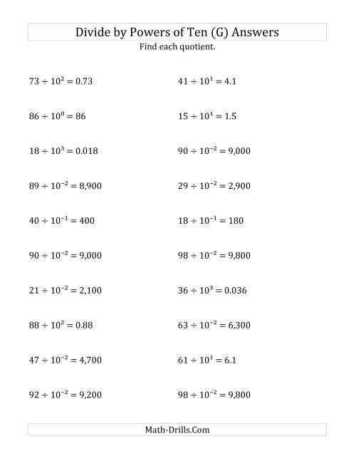 The Dividing Whole Numbers by All Powers of Ten (Exponent Form) (G) Math Worksheet Page 2