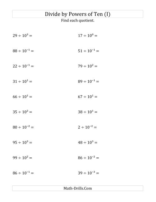 The Dividing Whole Numbers by All Powers of Ten (Exponent Form) (I) Math Worksheet