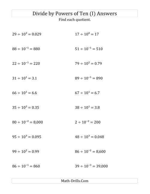 The Dividing Whole Numbers by All Powers of Ten (Exponent Form) (I) Math Worksheet Page 2