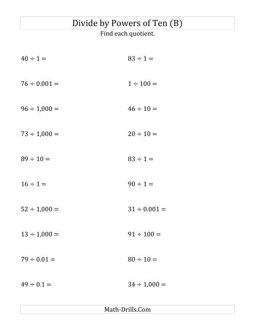 The Dividing Whole Numbers by All Powers of Ten (Standard Form) (B) Math Worksheet