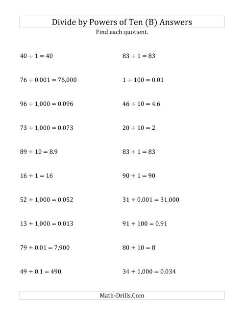 The Dividing Whole Numbers by All Powers of Ten (Standard Form) (B) Math Worksheet Page 2