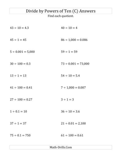 The Dividing Whole Numbers by All Powers of Ten (Standard Form) (C) Math Worksheet Page 2