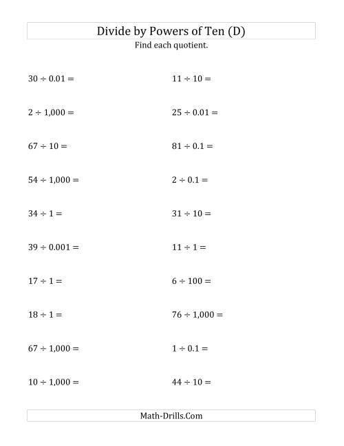 The Dividing Whole Numbers by All Powers of Ten (Standard Form) (D) Math Worksheet