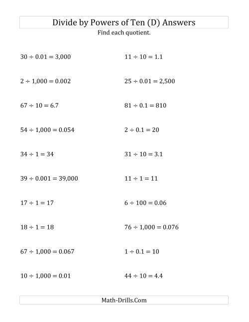 The Dividing Whole Numbers by All Powers of Ten (Standard Form) (D) Math Worksheet Page 2