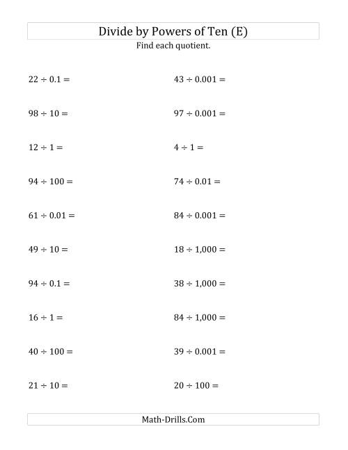 The Dividing Whole Numbers by All Powers of Ten (Standard Form) (E) Math Worksheet